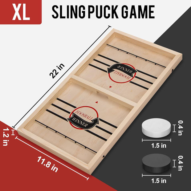 Extra Large Wooden Sling Puck Game – High-Speed Table Battle for Family Nights & Parties | Includes 20 Pucks & Storage Bag | Durable All-Wood Construction