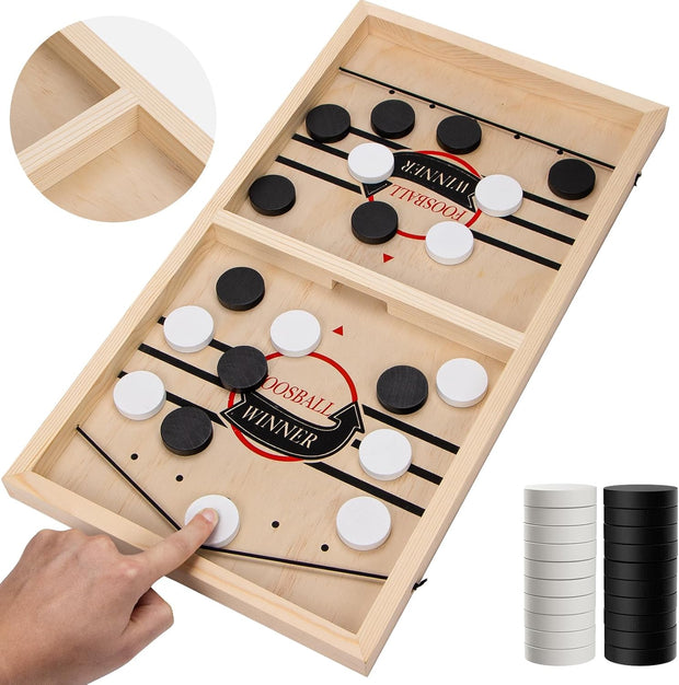 Extra Large Wooden Sling Puck Game – High-Speed Table Battle for Family Nights & Parties | Includes 20 Pucks & Storage Bag | Durable All-Wood Construction