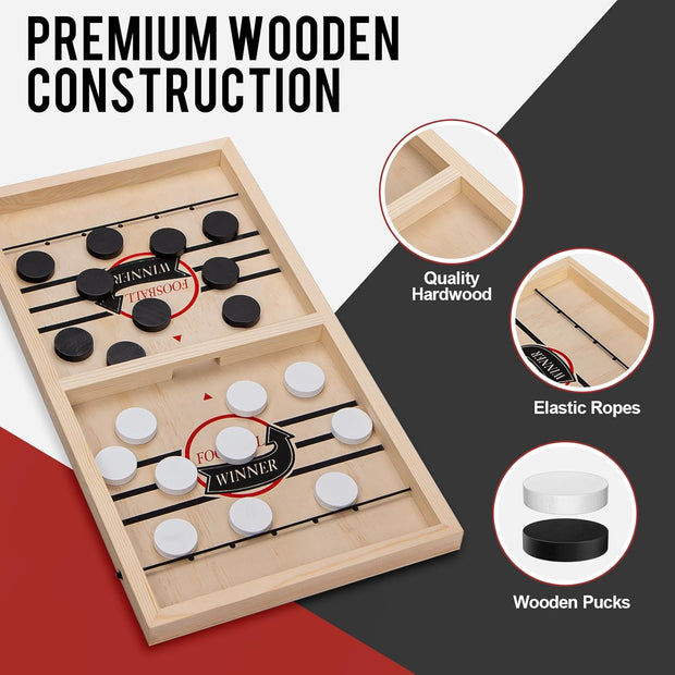 Extra Large Wooden Sling Puck Game – High-Speed Table Battle for Family Nights & Parties | Includes 20 Pucks & Storage Bag | Durable All-Wood Construction