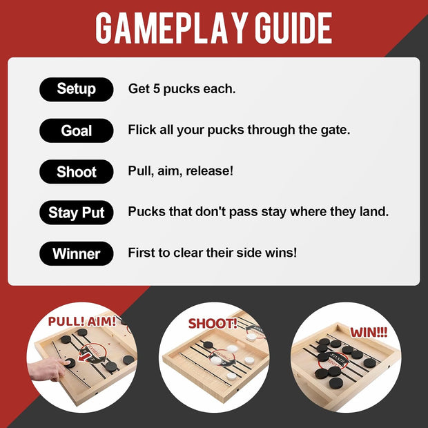 Extra Large Wooden Sling Puck Game – High-Speed Table Battle for Family Nights & Parties | Includes 20 Pucks & Storage Bag | Durable All-Wood Construction