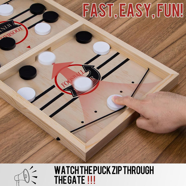 Extra Large Wooden Sling Puck Game – High-Speed Table Battle for Family Nights & Parties | Includes 20 Pucks & Storage Bag | Durable All-Wood Construction